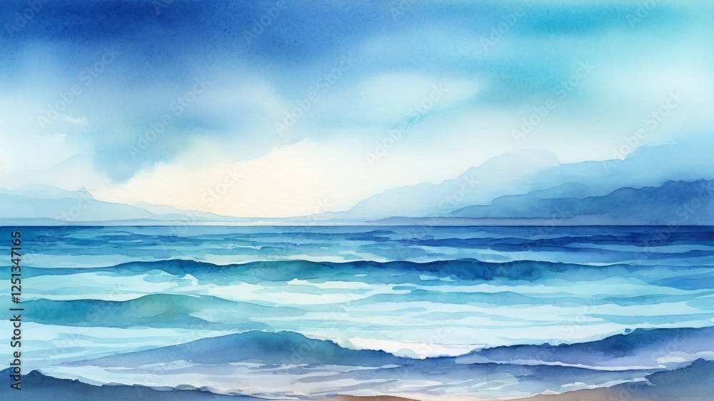 Serene Watercolor Seascape with Gentle Waves and Soft Sky Serene Watercolor Seascape with Gentle Waves and Soft Sky