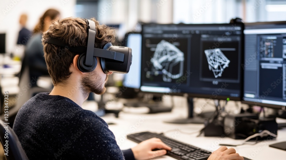 Man using virtual reality headset while working on a computer in a modern office environment Man using virtual reality headset while working on a computer in a modern office environment