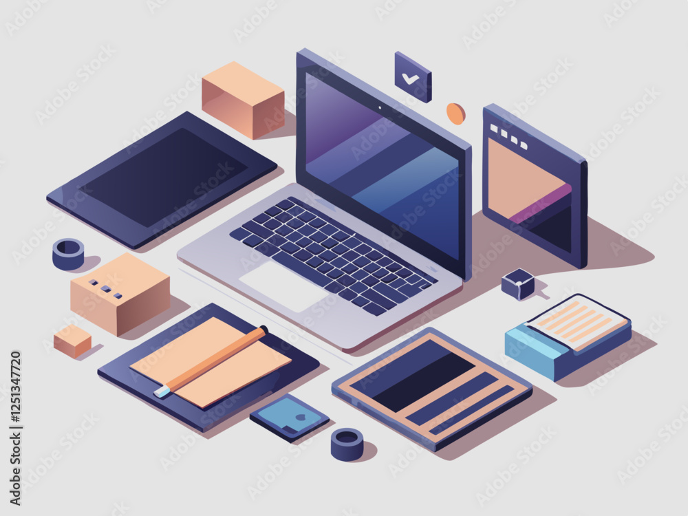 Isometric Office Workspace with Laptop Smartphone Coffee Mug and Desk
Isometric Office Workspace with Laptop Smartphone Coffee Mug and Desk