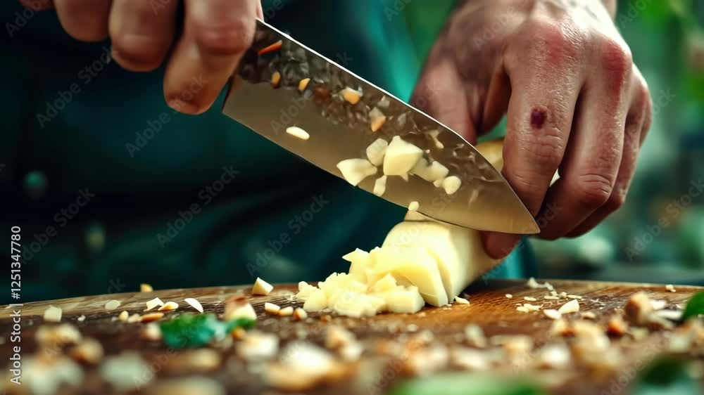 Close-up of hands chopping vegetables with chef knife on wooden board outdoors