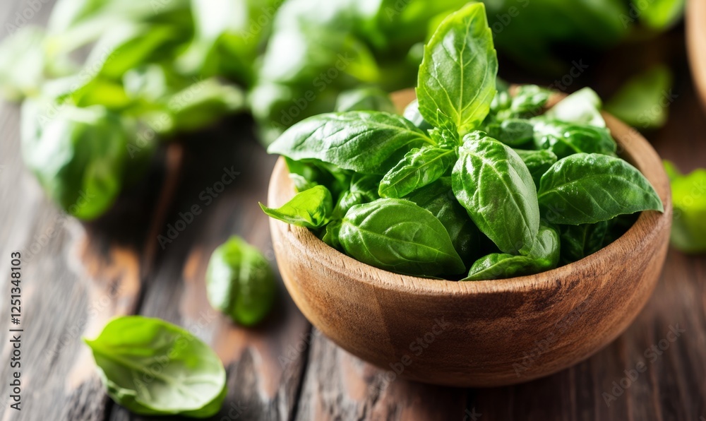 Fresh basil leaves in a wooden bowl Fresh basil leaves in a wooden bowl
