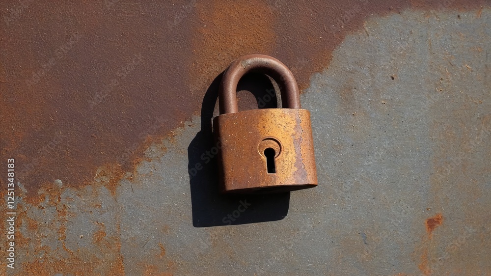 Fototapeta premium Weathered Lock on Rusty Metal Background with Keyhole Detail