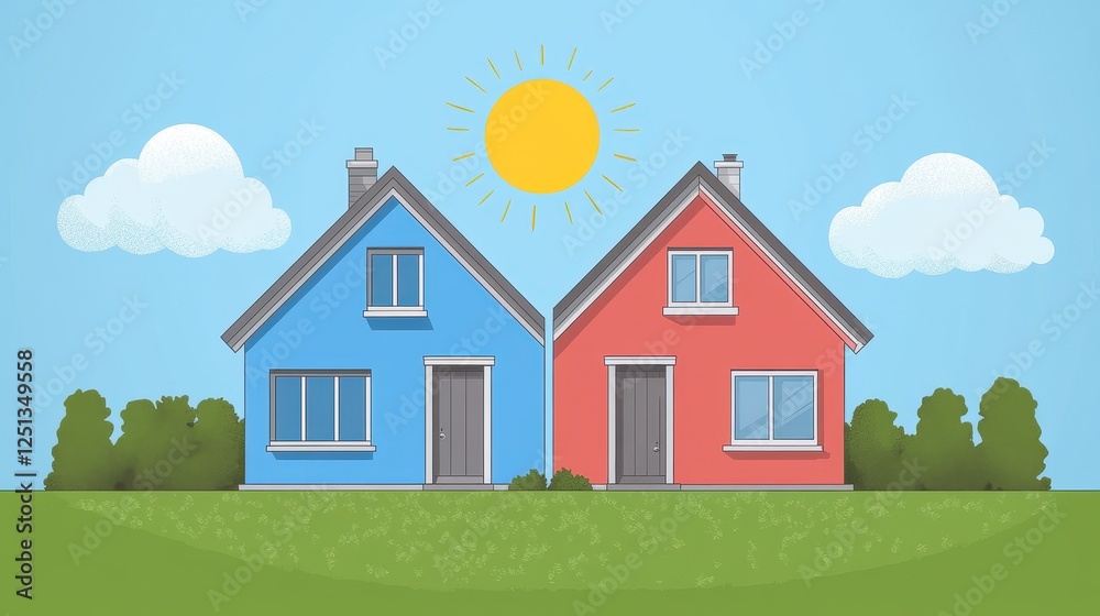Fototapeta premium Low carbon economy visual flat design front view renewable energy theme cartoon drawing Split-complementary color scheme.