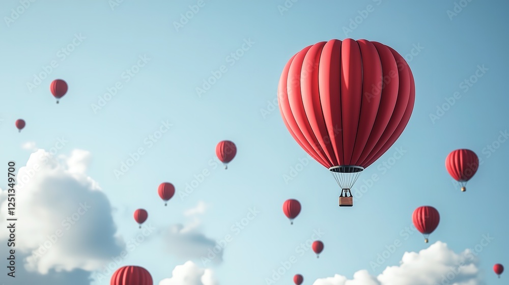 Obraz premium Multiple red hot air balloons ascending into a blue sky dotted with white clouds.