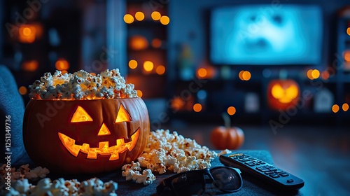 A Halloween-themed movie night setup with popcorn, a remote control, spooky decorations, and 3D glasses on a dark background, ready for a scary movie marathon.