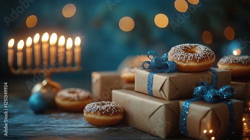 Wallpaper Mural A Hanukkah celebration setup featuring a menorah, dreidels, gifts, and traditional donuts on a blue background. The elements evoke the festive and joyful spirit of the Hanukkah holiday. Torontodigital.ca