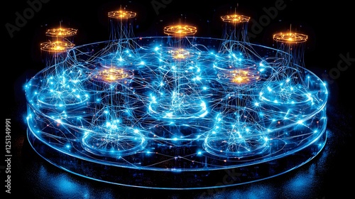 Futuristic digital depicting an brain with interconnected nodes and neural pathways illuminating in a mesmerizing blue glow photo