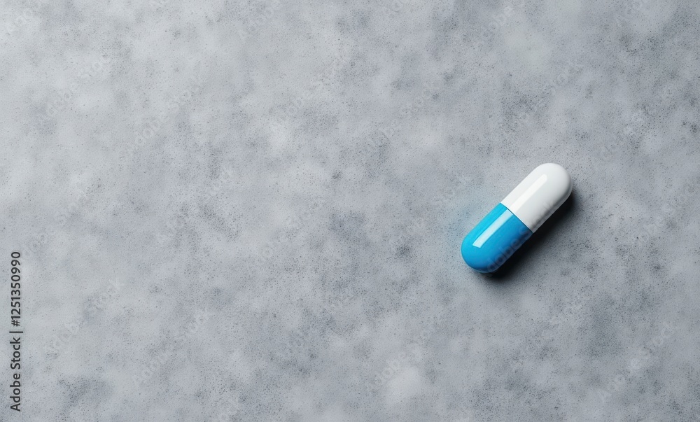 Single blue and white capsule on gray surface Single blue and white capsule on gray surface