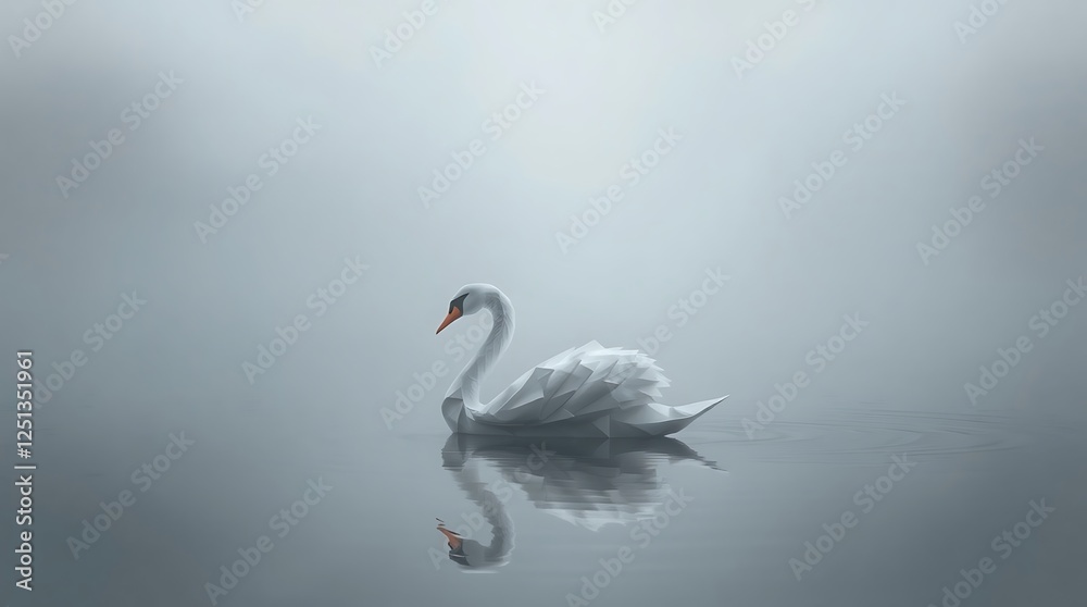 Fototapeta premium Serene swan on calm misty water, reflection visible.