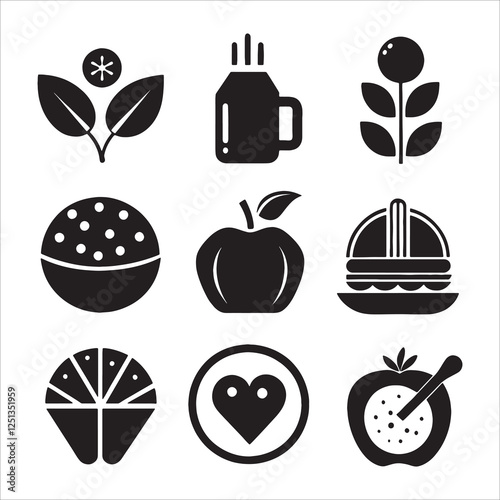  Set Food and drink icons silhouette illustration on white background.