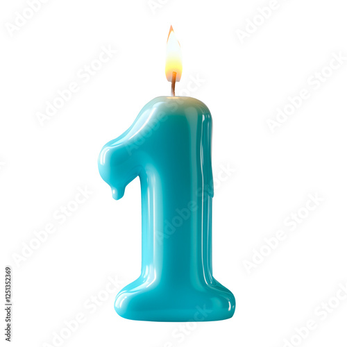 Glossy turquoise candle in the shape of the number one with melting wax and a lit flame, isolated on a transparent background. Bright and modern design, ideal for birthdays. photo