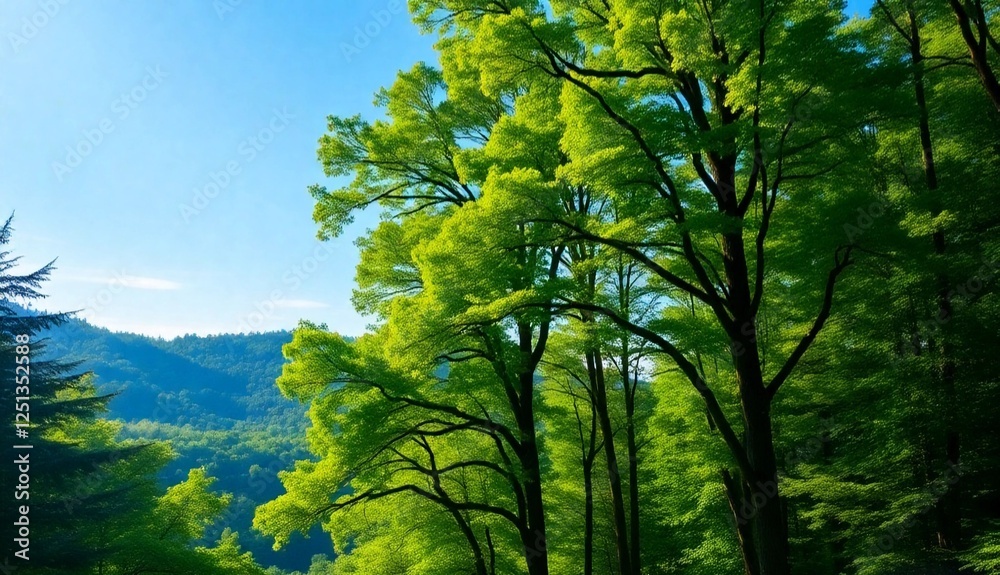Fototapeta premium A peaceful natural background featuring lush green forests, warm sunlight filtering through the leaves, and a bright blue sky. Rolling hills and vibrant foliage , a refreshing and tranquil atmosphere