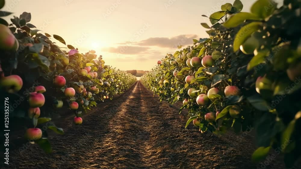 Sunlit orchard pathway with ripe apples on lush green trees Apple Gifting Day