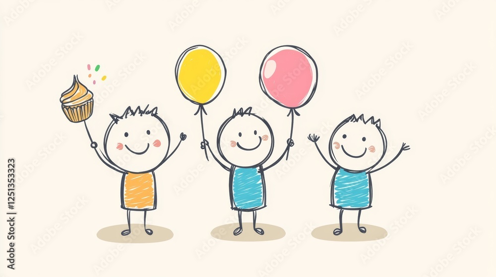 stick figure doodle characters celebrating a coworker with a balloon and a cupcake stick figure doodle characters celebrating a coworker with a balloon and a cupcake