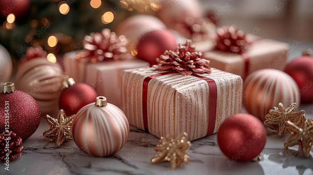 A joyful Christmas scene featuring gold and red ornaments, glittery gift boxes, and star decorations, symbolizing holiday spirit and celebration. A joyful Christmas scene featuring gold and red ornaments, glittery gift boxes, and star decorations, symbolizing holiday spirit and celebration.