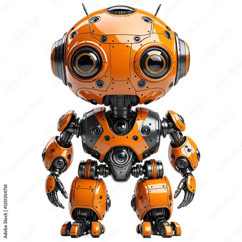 A robot with orange and black body, large round eyes, and a black and silver head stands upright on a white surface, facing the camera with arms and legs spread out A robot with orange and black body, large round eyes, and a black and silver head stands upright on a white surface, facing the camera with arms and legs spread out