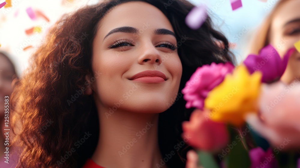 Fototapeta premium Joyful celebration with colorful flowers and confetti at a vibrant outdoor event in spring
