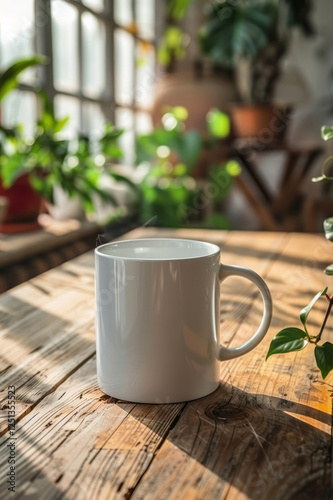 A blank white coffee mug sits on an old wooden table, with the background blurred to draw attention to the cup and handle. photo