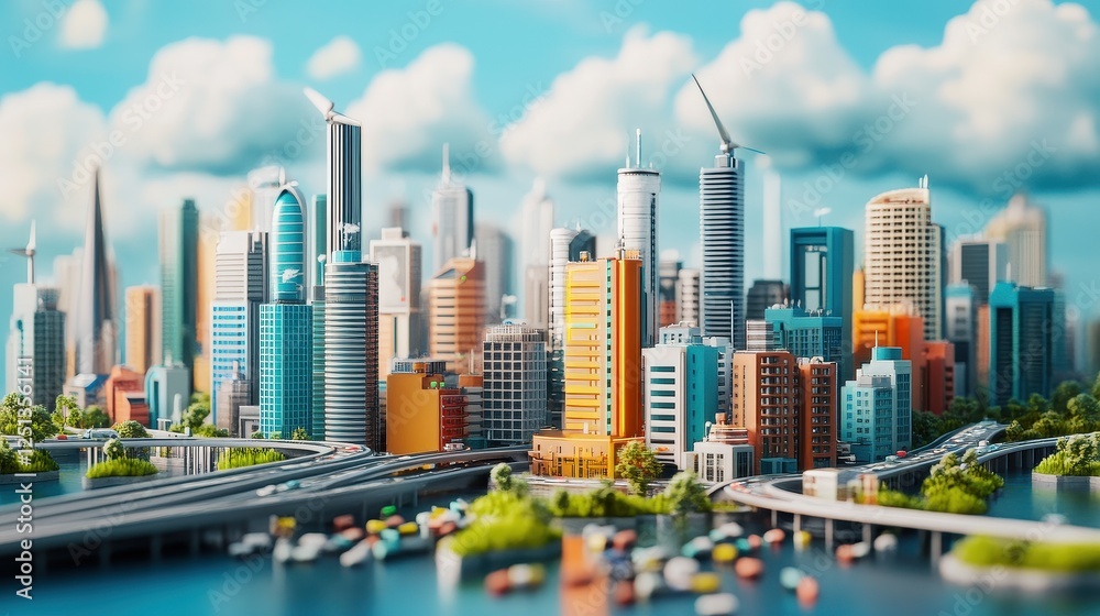 Fototapeta premium Net-zero strategy roadmap flat design front view future cities theme 3D render Complementary Color Scheme.