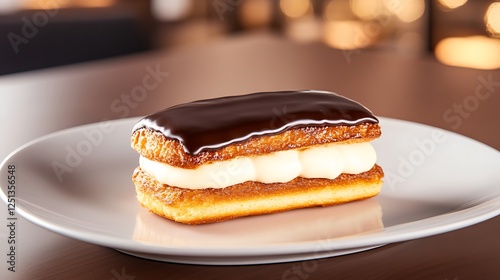 Delicious gourmet eclair topped with a glossy chocolate glaze, perfect for dessert lovers and pastry enthusiasts.