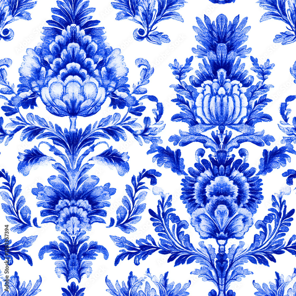 Obraz premium Elegant Blue And White Damask Floral Pattern