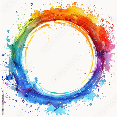 Watercolor rainbow splash clip art, featuring vector graphics, colorful ink splashes, a white background, a vector illustration, simple shapes, a flat design, and a white circle in the center.