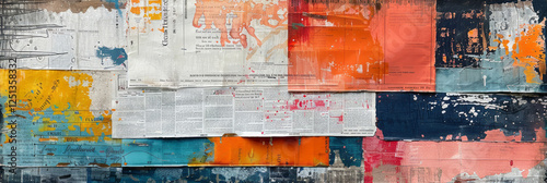 An abstract collage of newspaper clippings, featuring faded colors, a vintage look, grunge texture, mixed media, paper and fabric scraps, watercolor painting, and a neutral background.