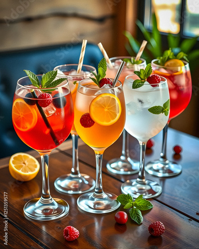 Collection of refreshing party cocktail glass of lillet spritz aperol with lemon berries and mint and ice on wooden table