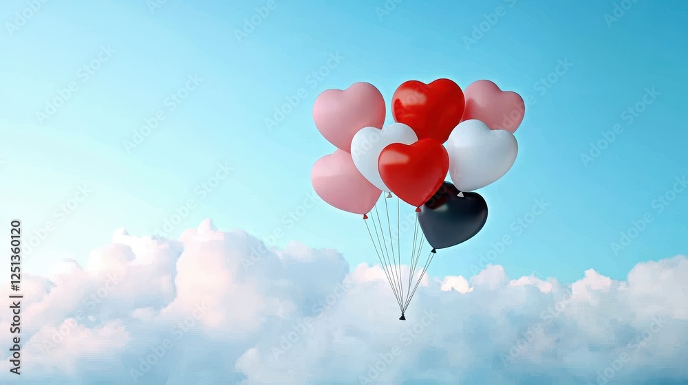Fototapeta premium Heart shaped balloons float above fluffy clouds in a blue sky