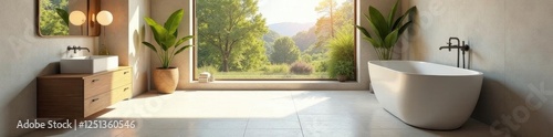 Spacious bathroom, freestanding tub, natural light, calm, shower