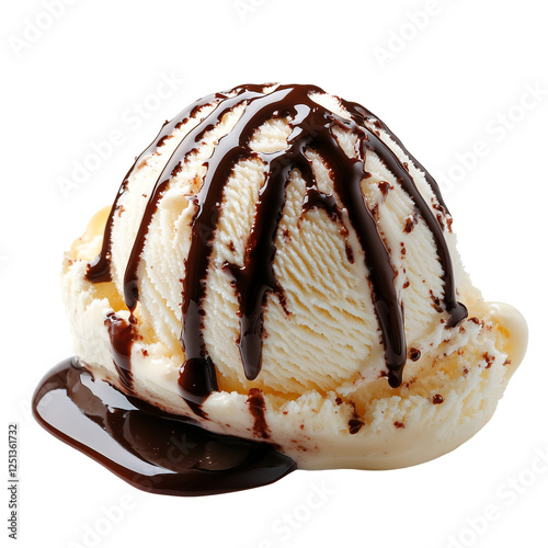 Delicious scoop of vanilla ice cream topped with rich chocolate syrup, isolated on a pure white background. The creamy texture and glossy chocolate create a perfect visual for desserts. photo