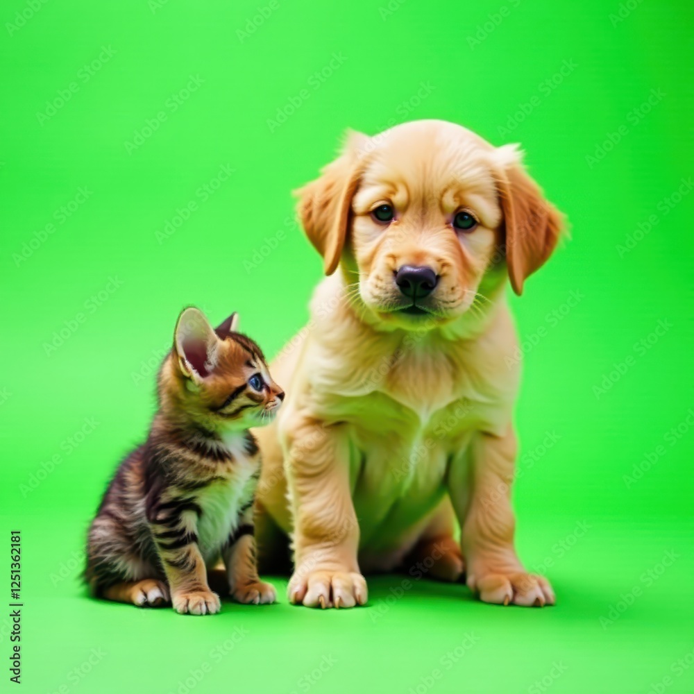 Golden pup, tabby kitten, green backdrop Close-up , tabby, playful Golden pup, tabby kitten, green backdrop Close-up , tabby, playful