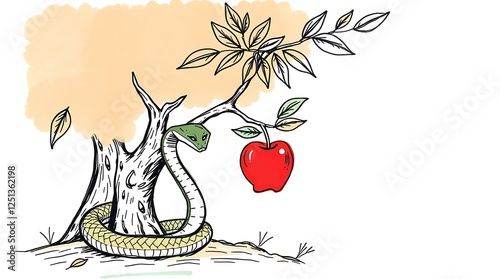 Serpent coiled around tree with red apple.