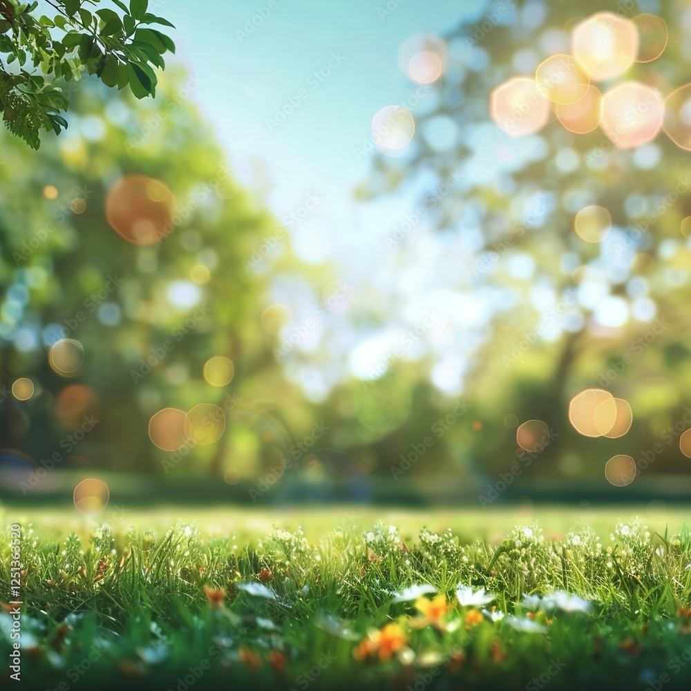 Obraz premium Sunny Meadow with Green Grass and Blurred Nature Background