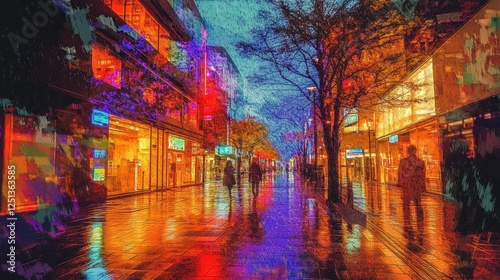 Rainy Night City Street  Vibrant Colors  Abstract Urban Scene