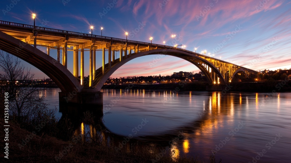 Majestic sunset view of a bridge illuminated at dusk over a calm river with city lights Majestic sunset view of a bridge illuminated at dusk over a calm river with city lights
