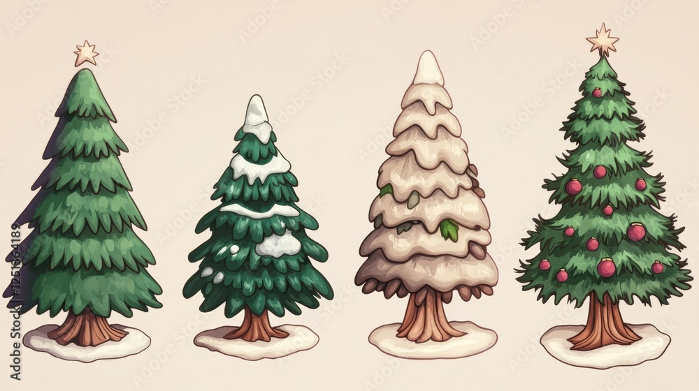 Four Cartoon Christmas Trees  Decorated  Snowy  Icy    Simple