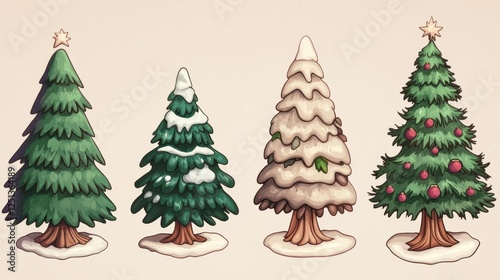 Four Cartoon Christmas Trees  Decorated  Snowy  Icy    Simple