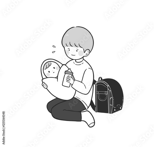 ヤングケアラー 赤ちゃんの世話をする子供のモノクロイラスト
