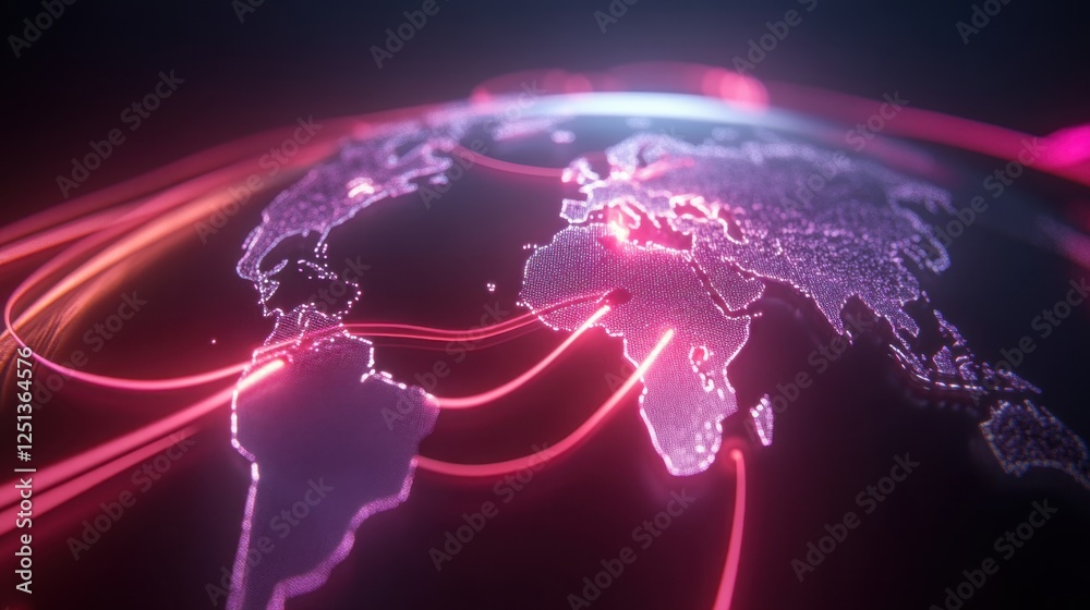 Fototapeta premium Close up of world map with red light and data streaming between continents in neon design