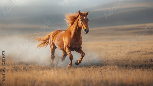 Chestnut horse galloping across field, sunset photo