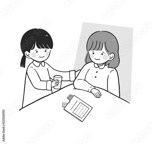 ヤングケアラー 薬を飲む家族をサポートする子供のモノクロイラスト