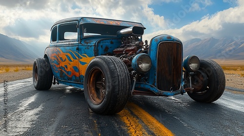 Rusted blue hot rod on desert road.
