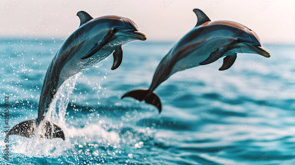 Obraz premium Dolphins leaping gracefully in the ocean underwater natural habitat dynamic view