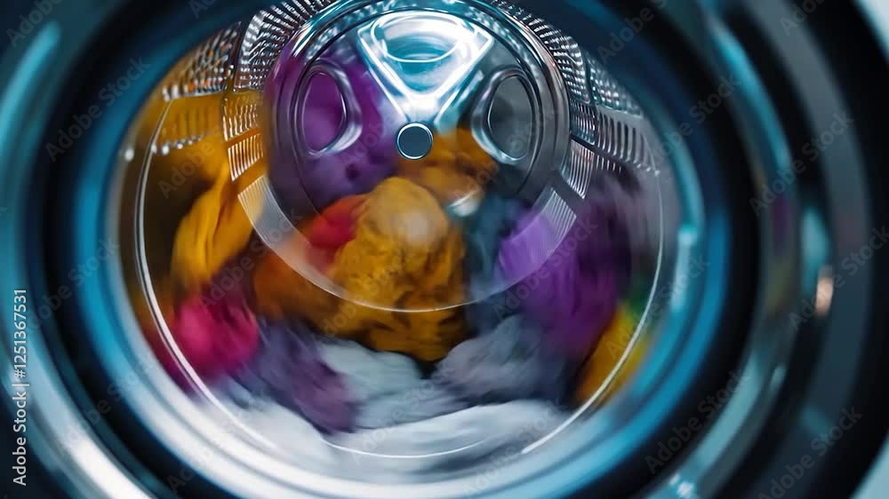 Colorful clothes spinning in washing machine