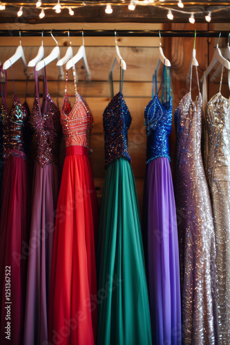 Wallpaper Mural A wooden rack indoors holds a variety of colorful prom dresses on white hangers. Torontodigital.ca