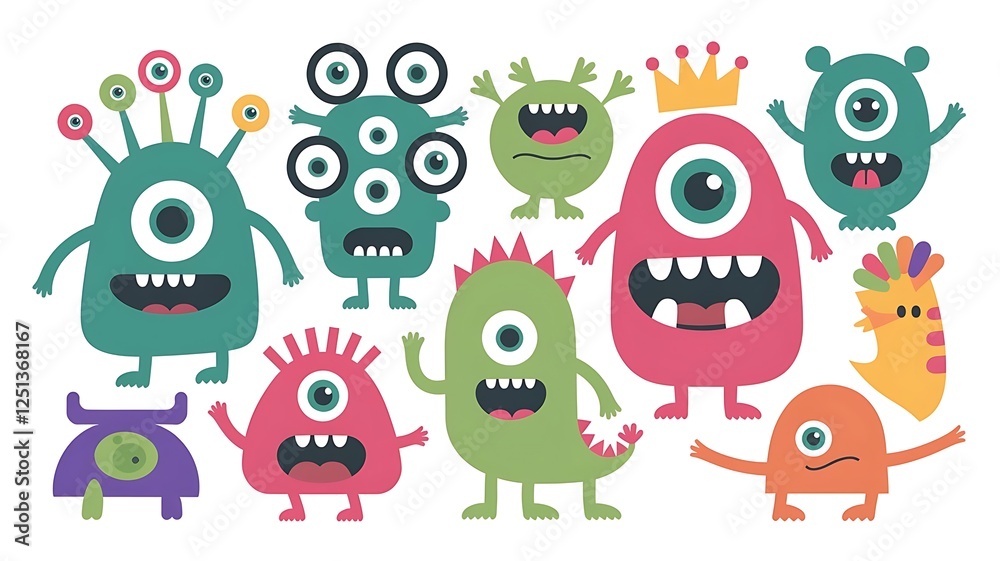 Obraz premium whimsical cartoon monsters, appealing to kids various colors and expressions Generated By AI 