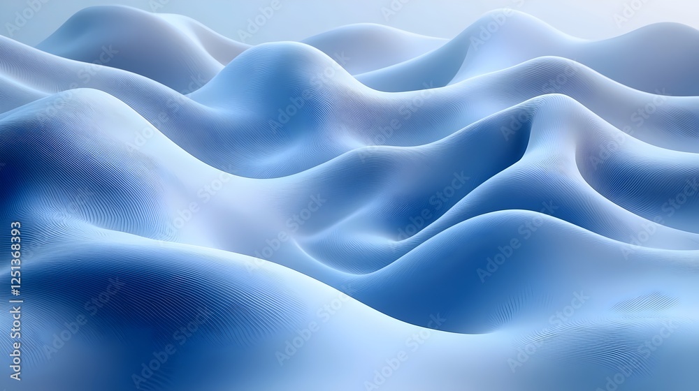 Obraz premium An abstract landscape of soft, blue curves resembling ocean waves, creating a serene and calming atmosphere with smooth gradients and gentle undulations.