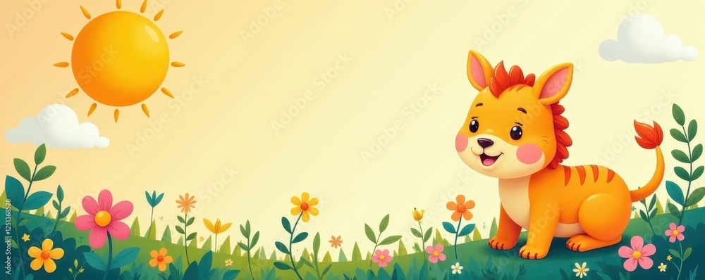 Naklejka premium Cheerful animal & sun cartoon pattern Light background , fabric, textile, optimistic