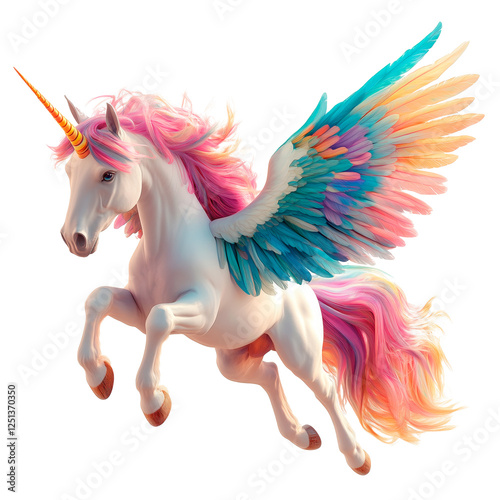 A stunning white unicorn with a rainbow mane and vibrant wings, standing gracefully on a transparent background. Its colorful wings and flowing mane create a magical and ethereal presence.